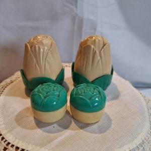2 Pair of White and Green Rose salt and pepper shakers. The large one is marked Jaydon.