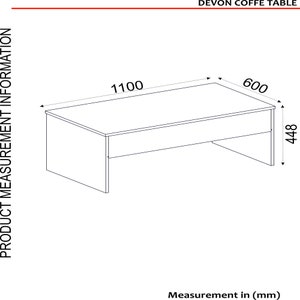 以下が含まれることがあります： 1100 mm &times; 600 mm &times; 448 mm の寸法を持つ長方形のコーヒーテーブルの白黒線画。テーブルは、長方形の天板と下の棚を持つシンプルなデザインです。
