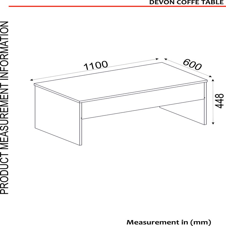 以下が含まれることがあります： 1100 mm &times; 600 mm &times; 448 mm の寸法を持つ長方形のコーヒーテーブルの白黒線画。テーブルは、長方形の天板と下の棚を持つシンプルなデザインです。