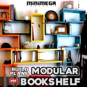 May include: A colorful modular bookshelf with various sized compartments, some holding books, others with decorative items. The bookshelf is made of wood and has a modern design. The text "BUILD PLANS PDF" is visible at the bottom of the image.