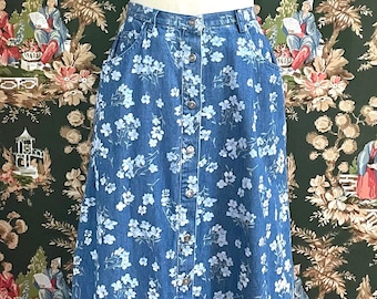 1990s Vintage Floral Denim Chambray Maxi Skirt by Liz Claiborne
