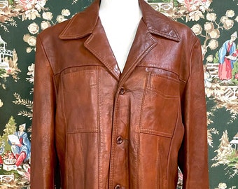 1970s Vintage Men's Brown Leather (possibly Faux Leather) Jacket (Size 46)