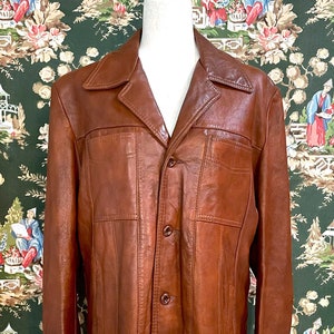 1970s Vintage Men's Brown Leather (possibly Faux Leather) Jacket (Size 46)