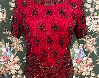 Blusa de noche de seda con cuentas de Adrianna Papell, años 80 (tal cual)