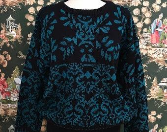 1980s Vintage Blue and Black Acrylic Fair Isle Sweater