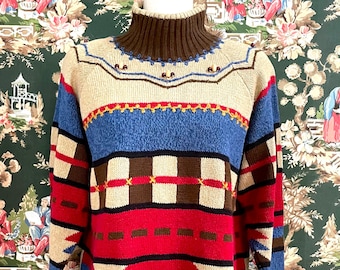 1980s Vintage Liz Claiborne Southwestern Sweater with Wooden Beads