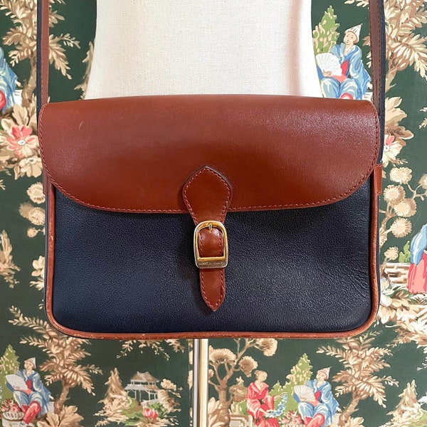 Vintage Navy and Brown Leather Crossbody Satchel by Rossi & Caruso