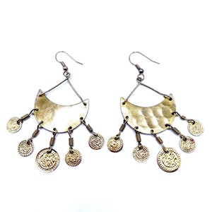 1980s Handmade Gold Tone Metal Earrings with Coin Charms