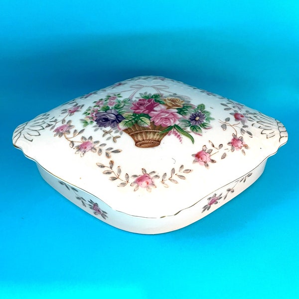 1950s Vintage Large Ceramic Trinket Box by Lipper & Mann in the Bristol Garden Pattern