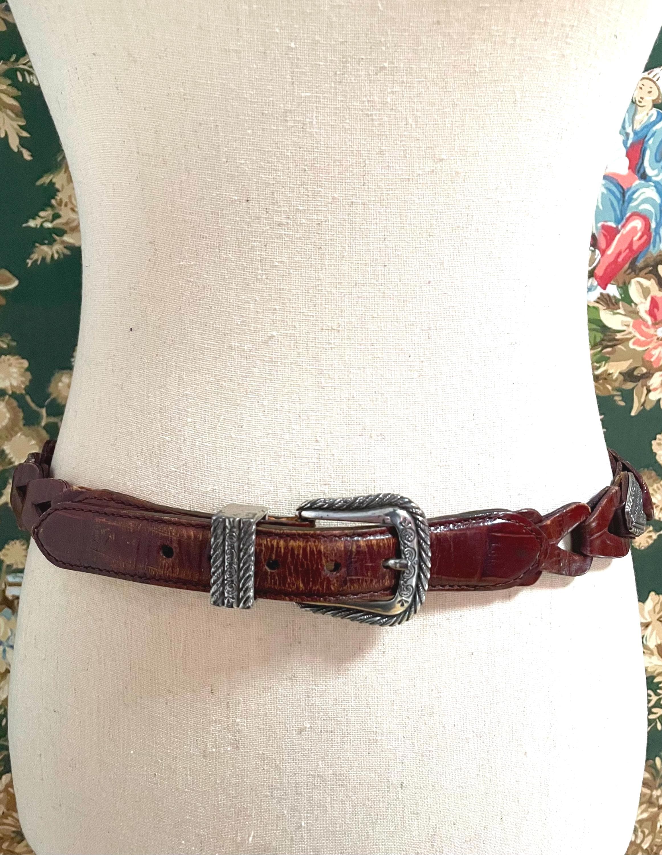 1990s/y2k Brown and Silver Woven Leather Western Belt (as Is  display picture 1