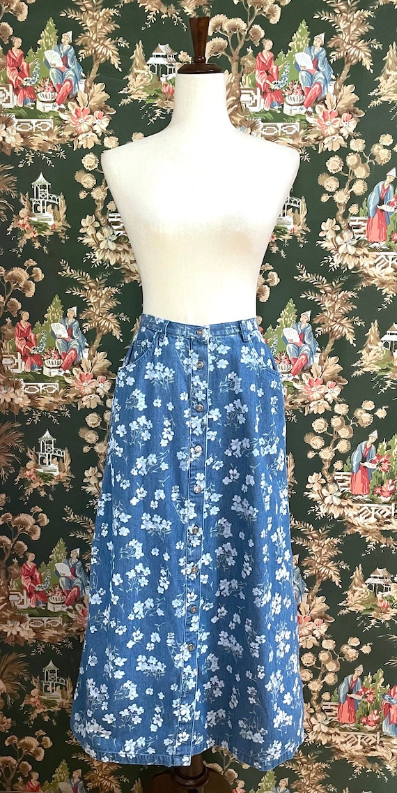 1990s Vintage Floral Denim Chambray Maxi Skirt by 