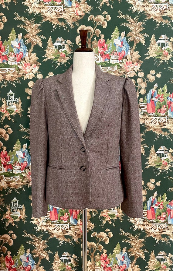 1980s Preppy Herringbone Tweed Puff Sleeve Blazer 