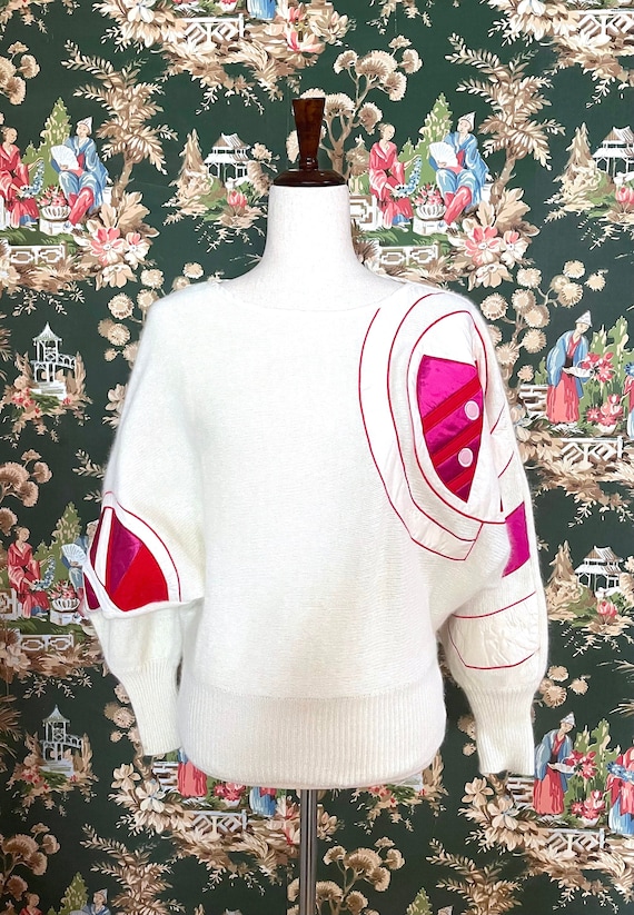 1980s Vintage White Angora Sweater with Pink Sati… - image 1