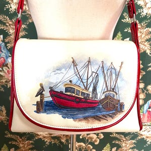 Bolso de hombro de piel sintética hecho a mano, novedoso, de los años 1960 y 1970, con detalles náuticos pintados