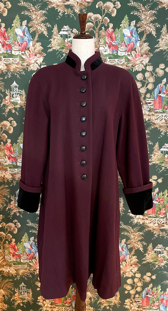 1980s Vintage Aubergine Wool and Velvet Coat by Jo