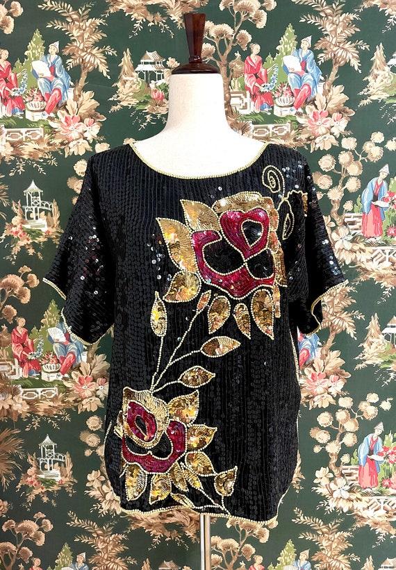 1980s/1990s Vintage Sequin Silk Top with Floral De