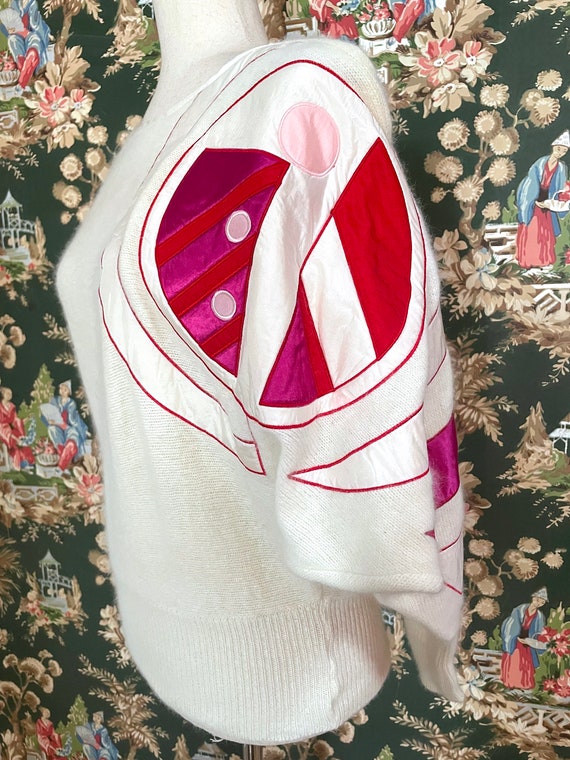 1980s Vintage White Angora Sweater with Pink Sati… - image 5