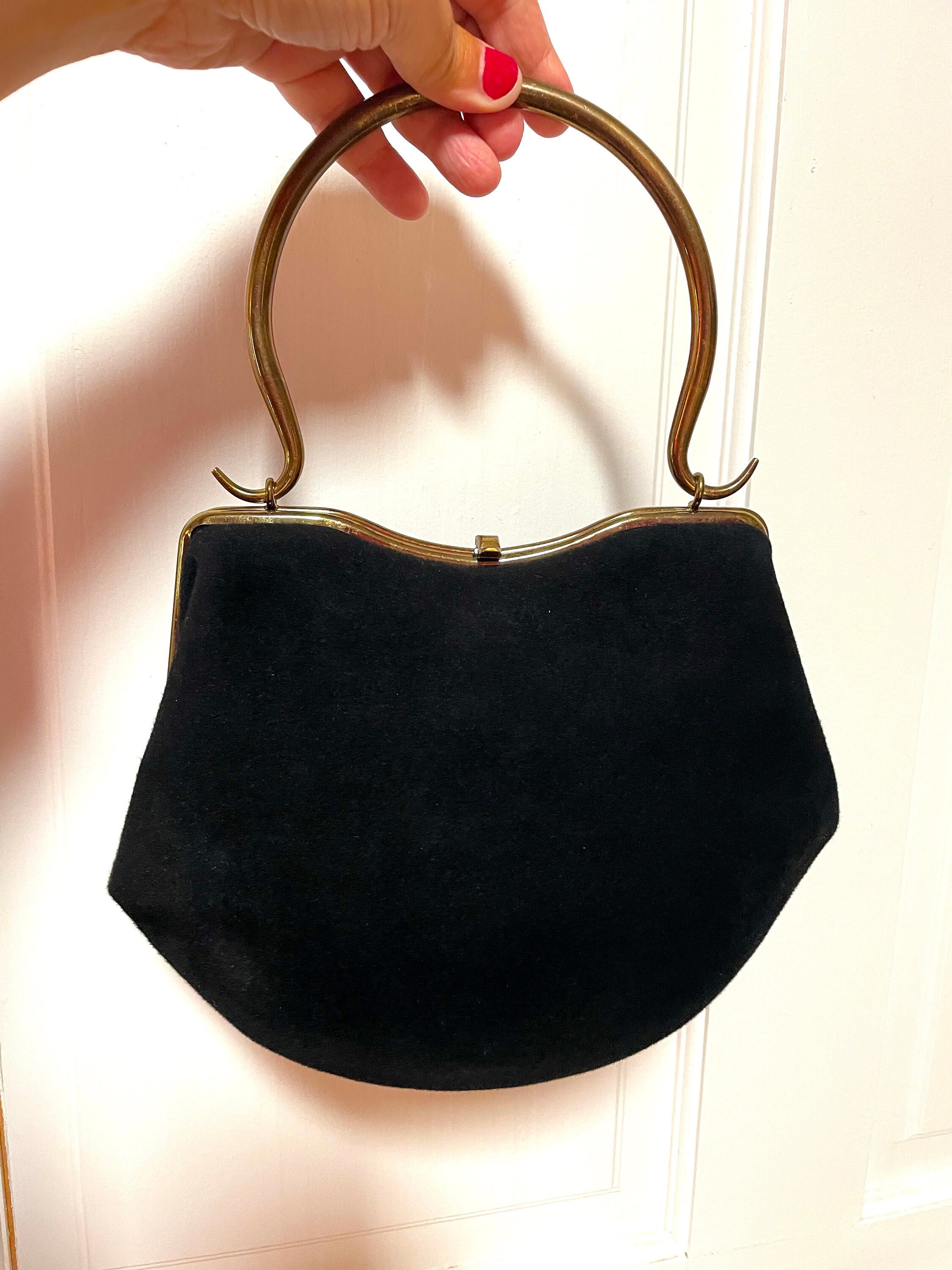 Vintage 1950s Black Velvet Purse by MM Gold Tone Clasp Small