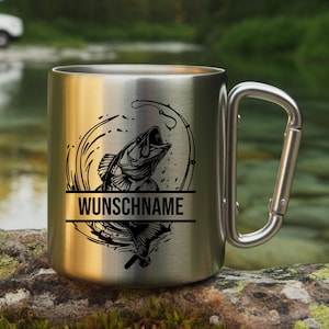 Personalisierte Angel Tasse mit Name, Tasse mit Karabinerhaken, Angeln personalisierte Geschenke, Angelngeschenke Personalisiert, Wunschname
