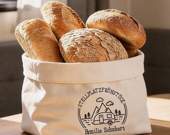 Camping Brötchenkorb mit Name, Camper Frühstückskorb personalisiert, Camper Geschenk für Wohnmobil, Frühstück Brotkorb personalisiert