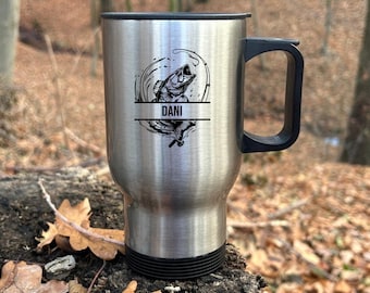 Personalisierter Thermobecher Angeln Outdoor Angler Becher isoliert Edelstahl Geschenk Angler Natur Berge Wanderer Geschenkidee