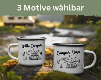 Camping Tasse Emaille Personalisiert, Camper Becher, Geschenkidee Männer, Outdoor Geburtstag, Camping Zubehör, Familien Geschenk, Outdoor