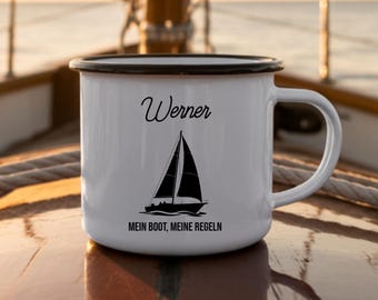 Taza de marinero personalizada de esmalte con nombre, regalo de capitán para dueños de barcos, regalo de marinero, vela, velero, accesorios para barcos