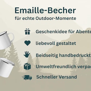 Puede incluir: Dos tazas de esmalte blanco con bordes y asas negros se muestran. La imagen incluye texto en alem&aacute;n, como "Emaille-Becher" y frases como "Idea de regalo para aventureros".
