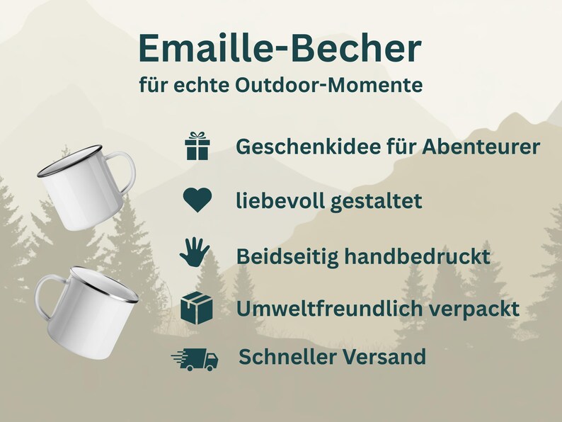 Puede incluir: Dos tazas de esmalte blanco con bordes y asas negros se muestran. La imagen incluye texto en alem&aacute;n, como "Emaille-Becher" y frases como "Idea de regalo para aventureros".