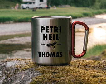 Personalisierte Angel Tasse mit Name, Tasse mit Karabinerhaken, Angeln personalisierte Geschenke, Angelngeschenke Personalisiert, Wunschname