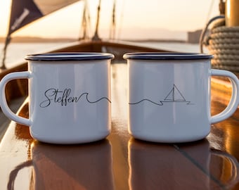 Personalisierte Emaille Tasse für Segler mit Namen, Kapitän Geschenk für Bootsbesitzer, Segler Geschenk, Segeln, Segelboot, Boot Zubehör