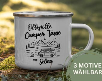 Personalisierte Camping Tasse Emaille mit Namen, Camper Becher Personalisierte, Geschenkidee Männer, Outdoor Geburtstag, Camping Zubehör