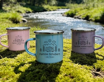 Camping Tasse Personalisiert, Emaille mit Namen, Camper Becher Personalisierte, Geschenkidee Frau, Outdoor Geburtstag, Camping Zubehör