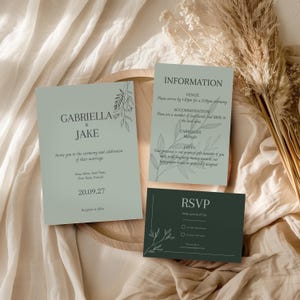 Sage Green Wedding Invitation Template | Editable Boho Eucalyptus Invite Suite | RSVP & Info Card | Printable Minimalist Wedding Set