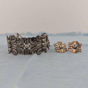 Vintage Serafin Moctezuma sterling silver bracelet & earrings from Taxco Mexico