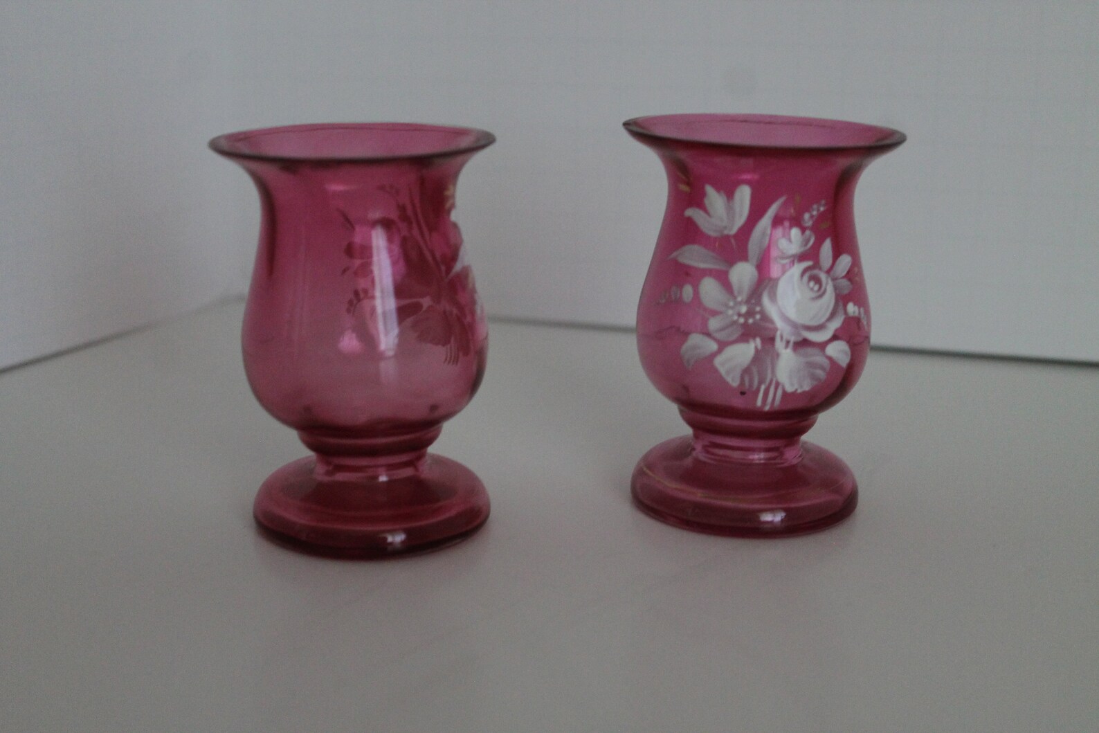 Set of 2 small painted cranberry glass candle holders/vases Etsy