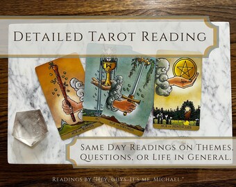 May include: Four tarot cards, the Ace of Wands, Ace of Cups, Ace of Swords, and Ace of Pentacles, are laid out on a marble surface. The text "DETAILED TAROT READING" is at the top of the image. The text "SAME DAY READINGS ON THEMES, QUESTIONS, OR LIFE IN GENERAL." is at the bottom of the image. The text "READINGS BY "HEY, GUYS, IT'S ME, MICHAEL." is at the bottom of the image.