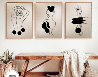 Conjunto de 3 láminas de arte lineal de mujer, arte mural minimalista, cuerpo femenino abstracto imprimible, obra de arte en colores neutros, arte de una sola línea, digital