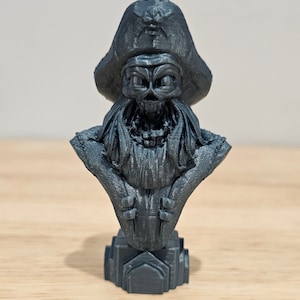 May include: A 3D printed bust of a pirate skull wearing a hat with a skull and crossbones design. The bust is made of gray plastic and has a detailed texture.