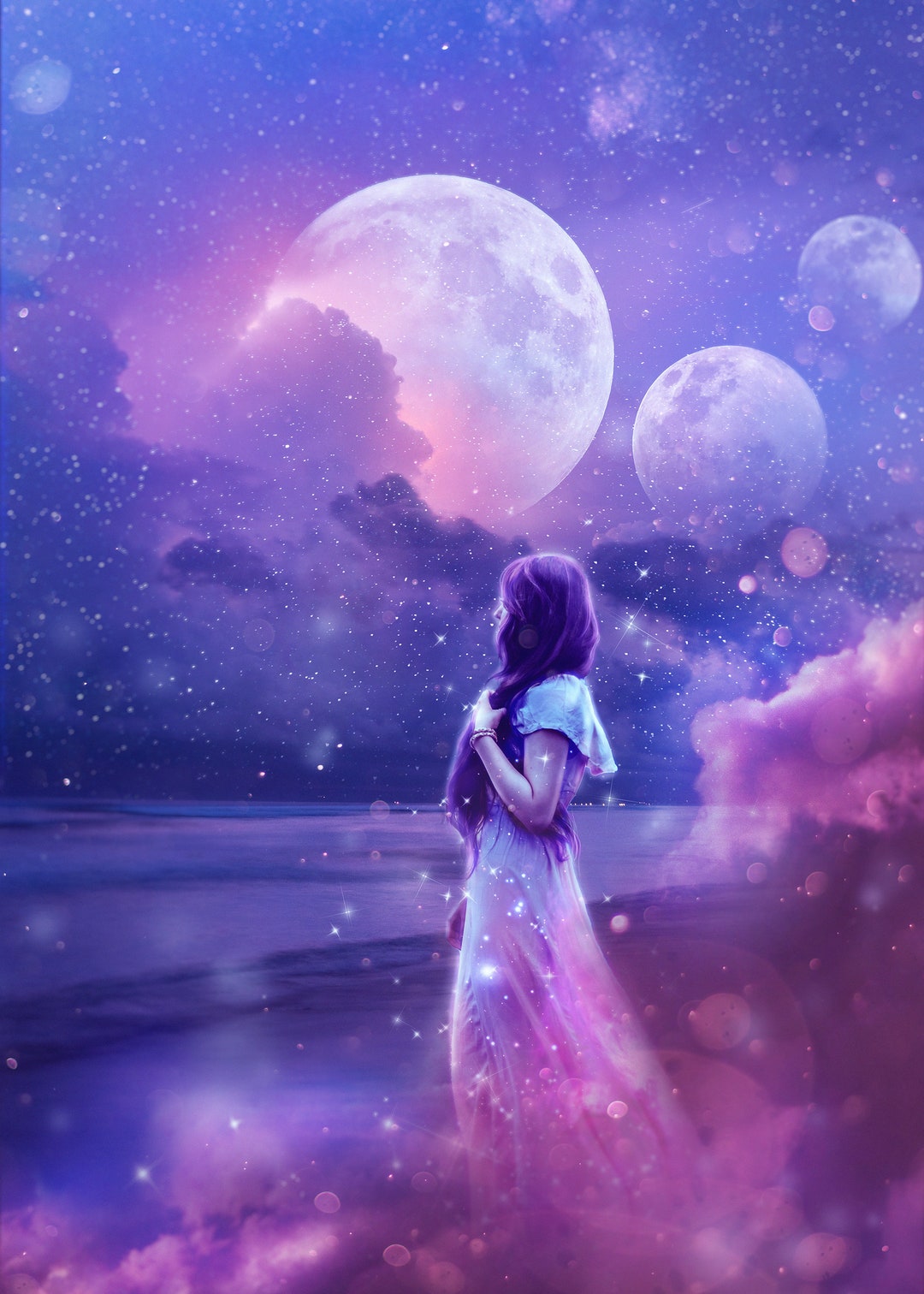 Celestial Aesthetic Beach Dream Triple Moon Digital Wallpaper Download