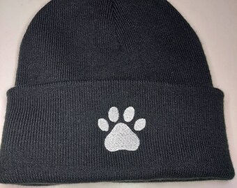 Dog Paw Print Embroidered Black Beanie Hat Gift Idea