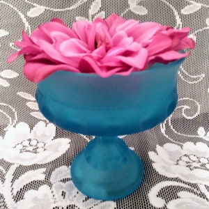 Gorgeous Vintage Frosted Aqua Blue Kings Crown Thumbprint Compote by Indiana Colony Glass Co