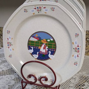 Adorable Vintage Set of 4) Market Square Plain & Fancy Stoneware Plates Countryside Flowers and Geese Girl with Basket