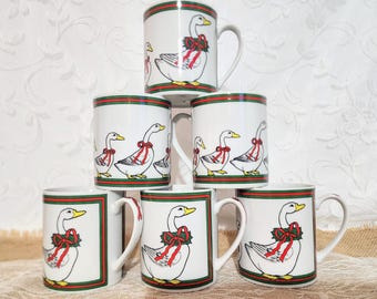 Adorable Set of 6) Vintage San Francisco 1981 Christmas Geese Mugs