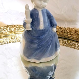 Vintage Porcelain Boy Bell in Blue Nightgown Holding a Candlestick Christmas Bell