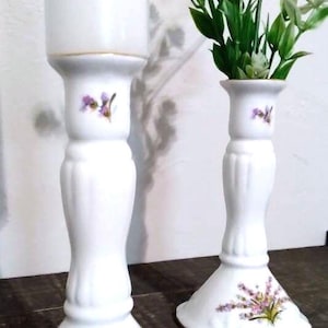 Gorgeous Vintage Set of 2) Genuine Bone China Candlestick Holders Purple Floral Gold Trim