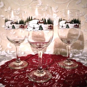 Lovely Set of 3) Vintage &quot;Winter Scene&quot; Water Goblets or Wine Glasses by Libbey Glass Company