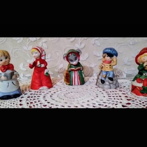 Adorable Set of 5) Collectible Jasco 1978 Bisque Merri-Bells and Merri-Critter Bell