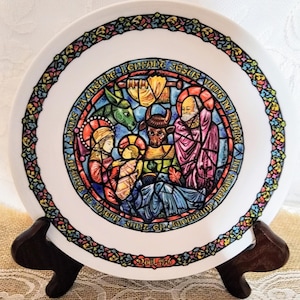 Vintage 1976 Porcelain Limoges Christmas Stained Glass Window 2nd In &quot;The Nativity Scene&quot; by Henri D&#39;Arceau France