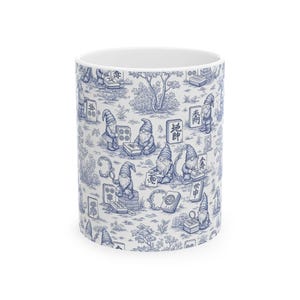 Gnomes Playing Mahjong Whimsical Blue Ceramic Mug, Mahjong Coffee Cup, Cute Gift for Mahjong Players, Cozy Home Accessory imagem 2